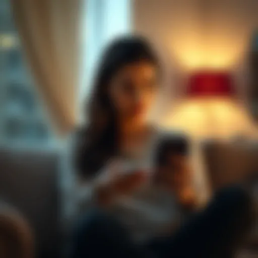A woman sits on a couch with a puzzled expression, looking at her phone, reflecting on her experience with online dating and ghosting.