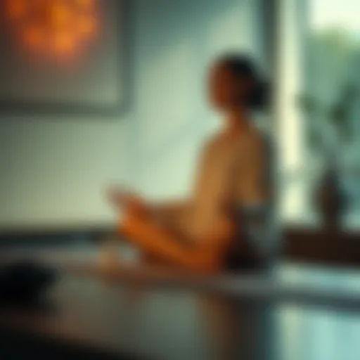 A woman sitting cross-legged in meditation, with a small bottle of medication on a table beside her, contemplating her spiritual journey
