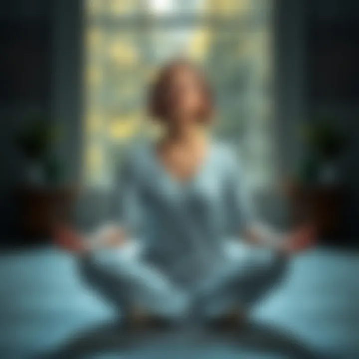 A 27-year-old woman sitting cross-legged, eyes closed, in a serene setting, reflecting on her journey in hypnotherapy and metaphysics.