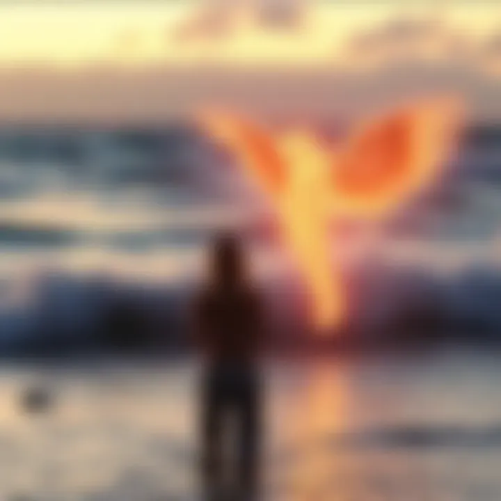 A woman standing on a beach in Hawaii, looking in awe at a glowing figure beside her. The scene captures a moment of connection and serenity, with waves crashing in the background.