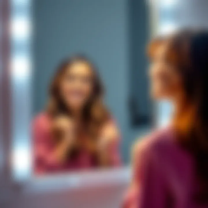 A woman stands in front of a mirror, smiling and confidently practicing positive affirmations, reflecting a joyful expression. She appears to be glowing with self-confidence.
