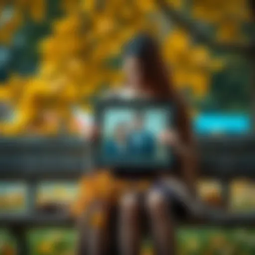 A grieving woman sits on a bench, holding a framed photo of her late fiancé. She looks contemplative and sad, surrounded by autumn leaves.