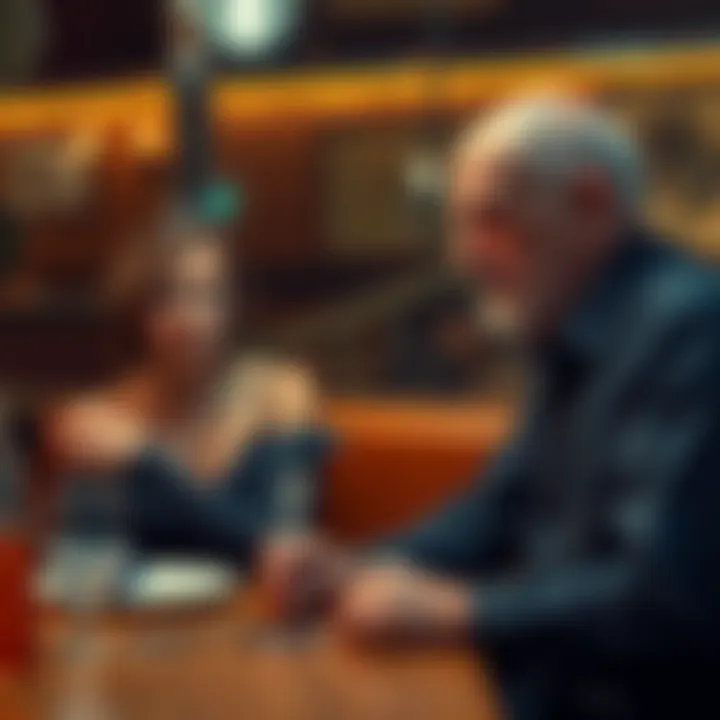 A woman experiencing nausea in a restaurant A diner sits at a restaurant table, looking uneasy as an elderly man with ashen skin stands nearby. The woman appears distressed, while the man is gazing at her.
