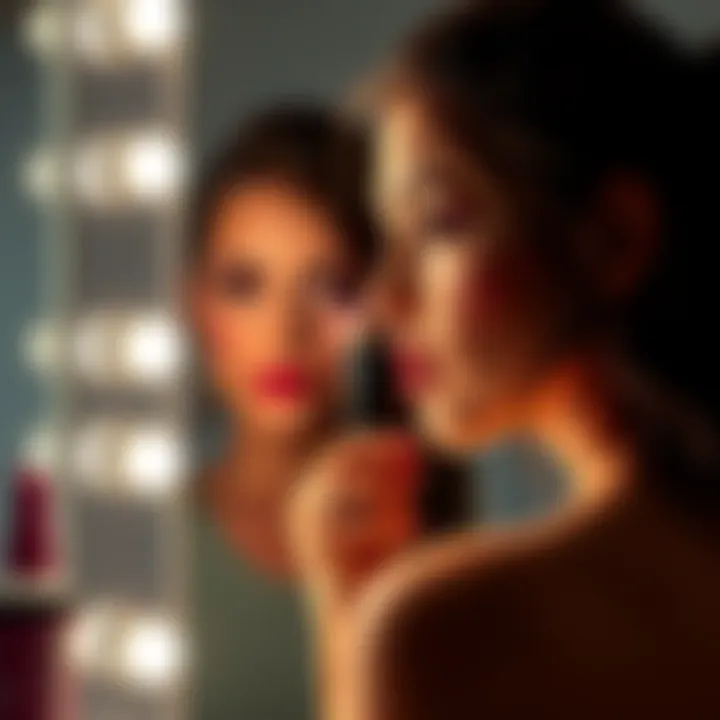 Woman considering a nose job A woman looking at herself in the mirror, contemplating a nose job while holding a makeup brush.