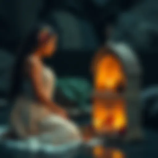 A woman kneeling before a small altar adorned with flowers and candles, looking reflective and emotional as she seeks guidance from Aphrodite after a breakup.