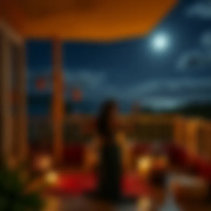 Woman Performing Ritual in Hawaii A woman engaged in a ritual on a hotel patio under the moonlight in Hawaii