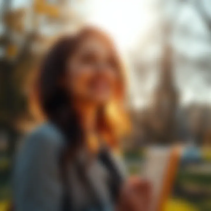 A 28-year-old woman smiling while planning her goals in a sunny park