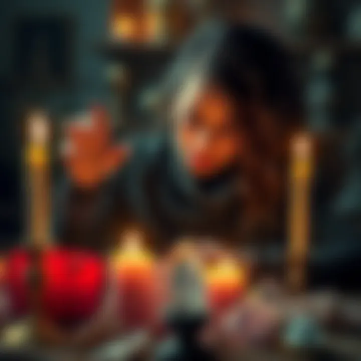 A woman is surrounded by candles and crystals, focusing on a spell while seeking protection from dark magic.