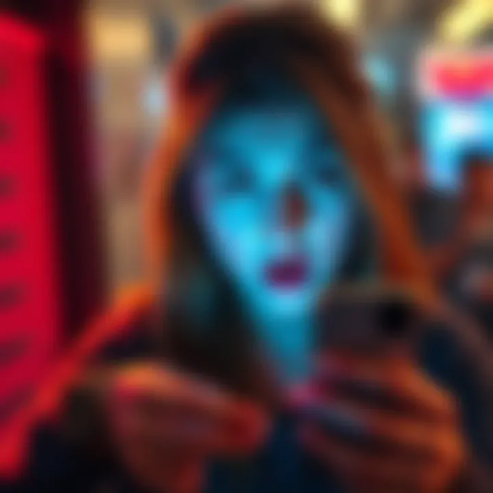 A woman looking surprised while using her phone as a glitch occurs, capturing her shocked expression.
