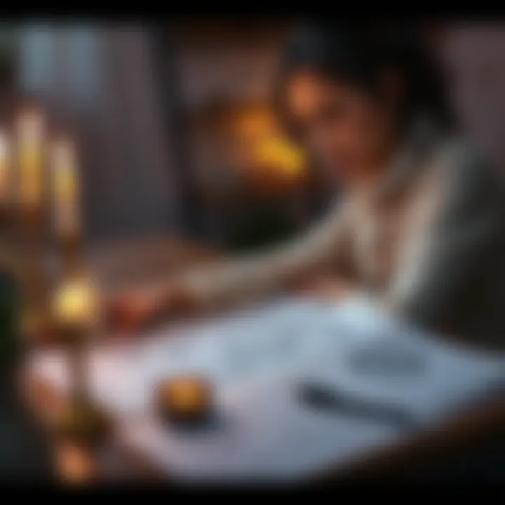 A woman sits at a table, looking thoughtfully at an astrology chart, with a sad expression. Papers and candles are scattered around her, creating an introspective mood.