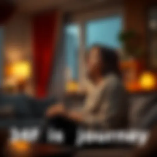 A 34-year-old woman sitting in a cozy room, pondering her future regarding home ownership, family health, and career goals.