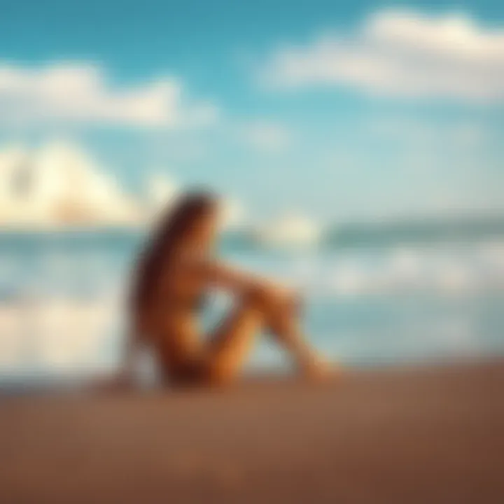 Woman Reflecting in Los Angeles A woman sitting alone on a beach in Los Angeles, looking thoughtful as waves crash behind her, symbolizing her journey of self-discovery and freedom.