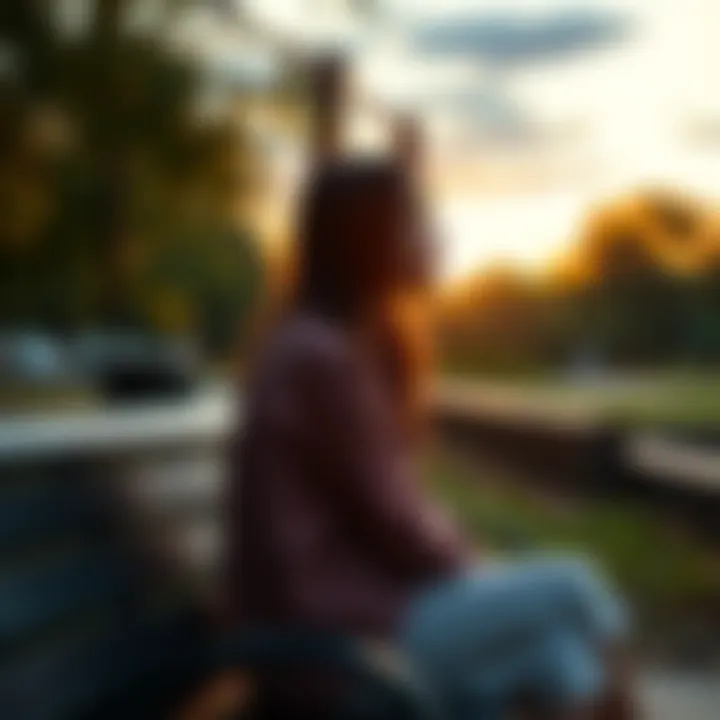 A woman sitting on a park bench, looking thoughtful as she reflects on her past relationships, with a soft sunset in the background.