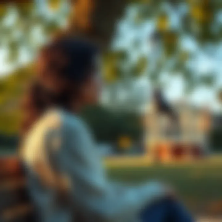 A woman sitting on a park bench under a tree, looking contemplative and emotional while a magpie sits nearby. It symbolizes her connection with her deceased mother.