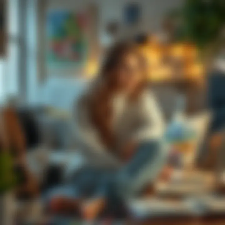 25-year-old woman sitting in a cozy room, surrounded by art supplies, looking thoughtful as she contemplates her journey through heartbreak and self-discovery
