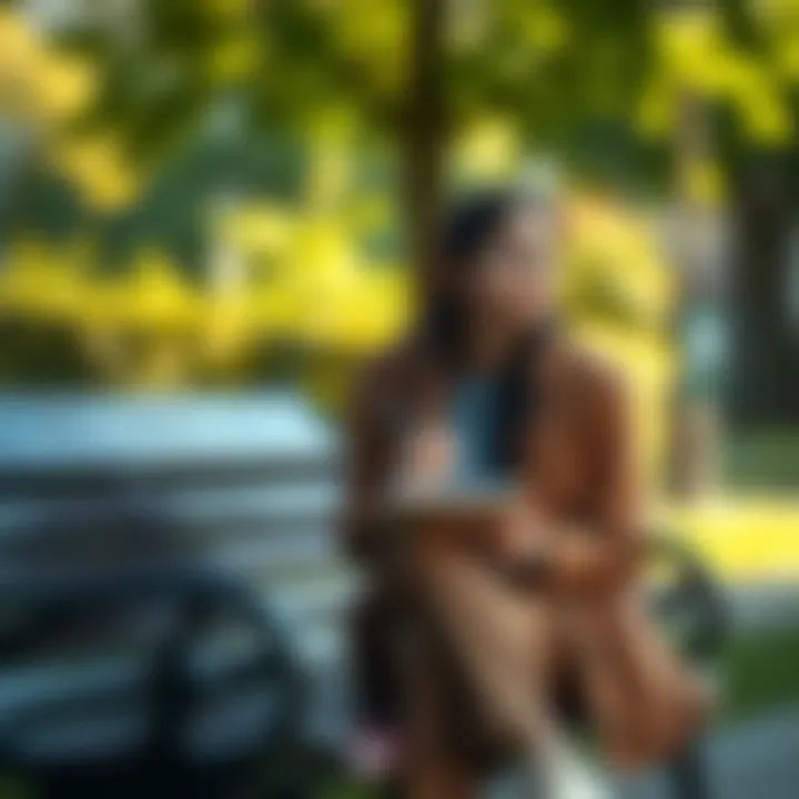 A 31-year-old woman sitting on a park bench, looking thoughtful while holding a notebook and pen, contemplating her future as a mother.