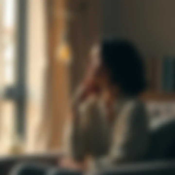 A thoughtful woman sits alone in a cozy room, contemplating her relationship with an Aquarius man. She looks introspective, balancing her independence with her partner's needs.