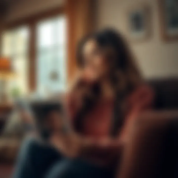 A thoughtful woman sits in a cozy room, looking at family photos and pondering her husband's past life experiences.