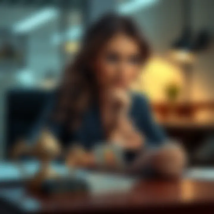 Woman Reflecting on Relationship A woman sits at a desk, looking thoughtfully at her supervisor while holding Tarot cards