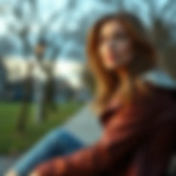 Woman Reflecting on Separation Woman sitting alone in a park, looking thoughtful and emotional as she considers her decision to separate from her husband.