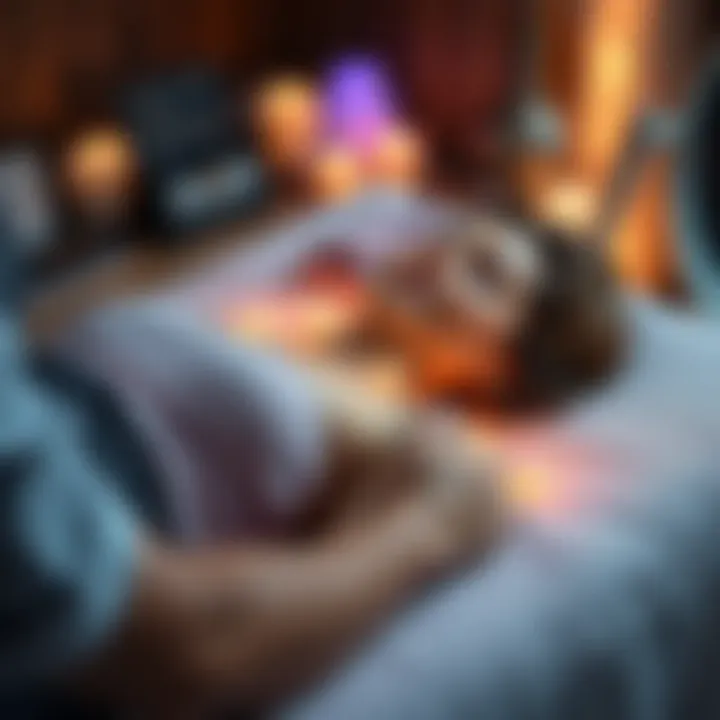 A woman lies on a massage table during a Reiki session, surrounded by calming lights and gentle hands of a practitioner.