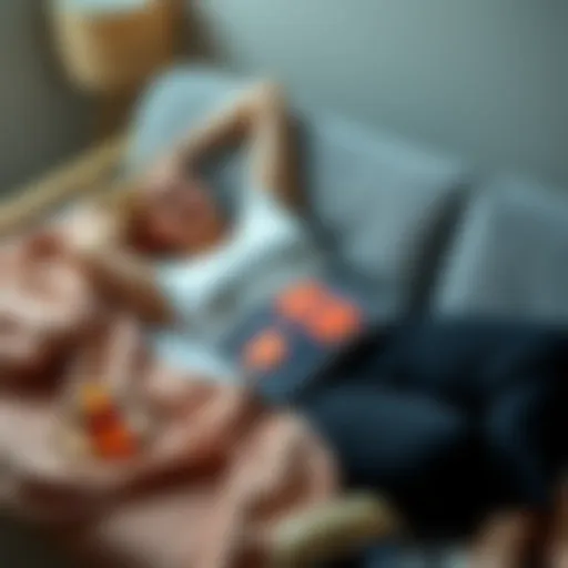 A woman lies on a couch with a heating pad on her abdomen, looking relaxed and relieved from period cramps. She is surrounded by comfort items like a blanket and a cup of tea.