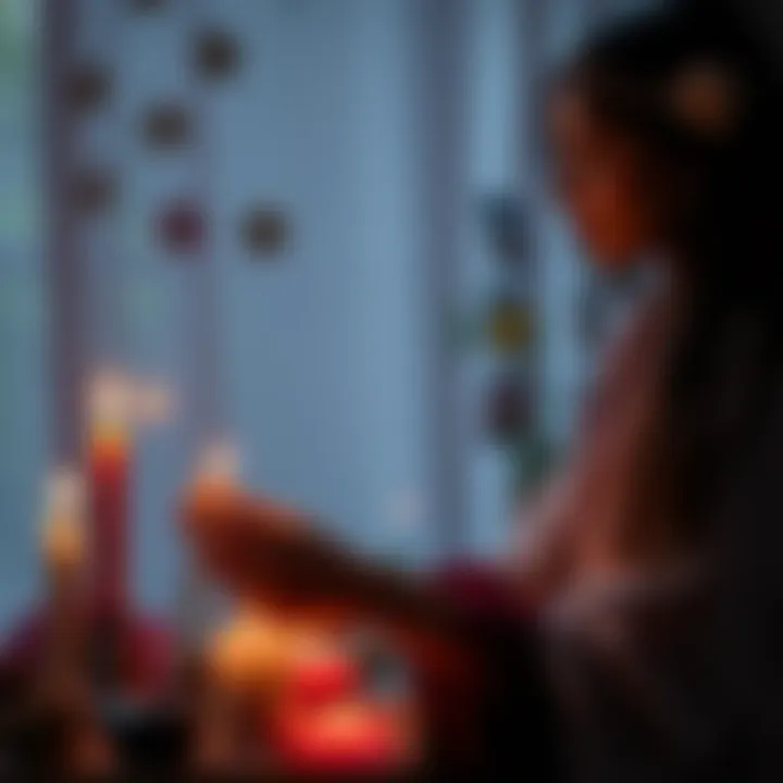 A woman in a serene setting performing rituals with candles and herbs while on her period