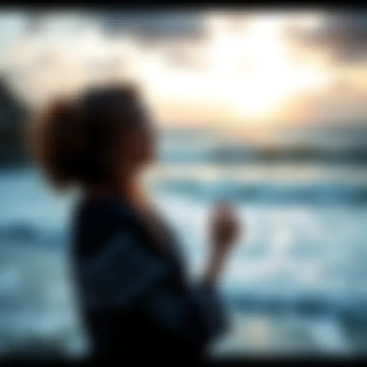 A woman holding a ring, gazing at the ocean with waves crashing nearby, symbolizing her spiritual journey