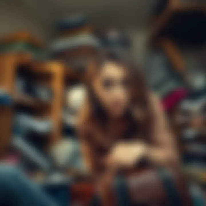 A woman looks frustrated while searching for her missing belongings in a messy room.