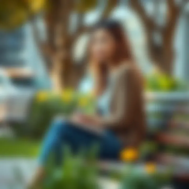 A 28-year-old woman sitting on a bench, looking pensive with a notebook and pen, symbolizing her search for life guidance.