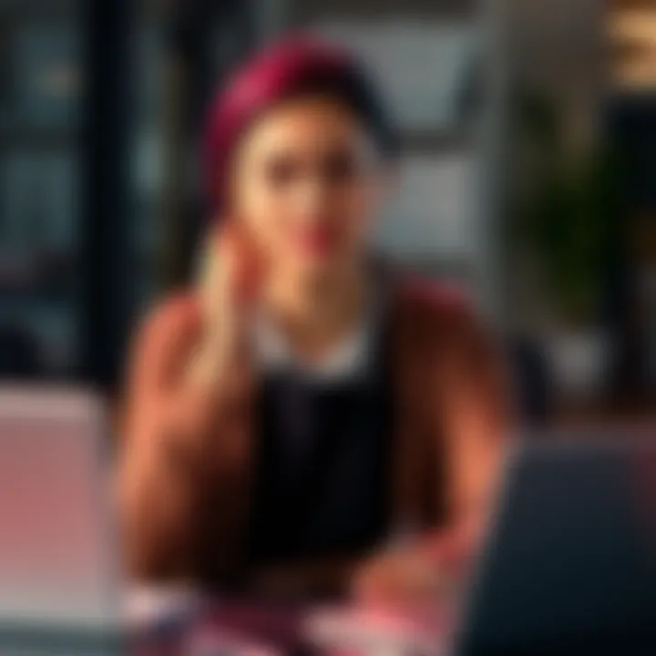 A 32-year-old woman looks thoughtful as she seeks advice for her career challenges, surrounded by a notepad and laptop.