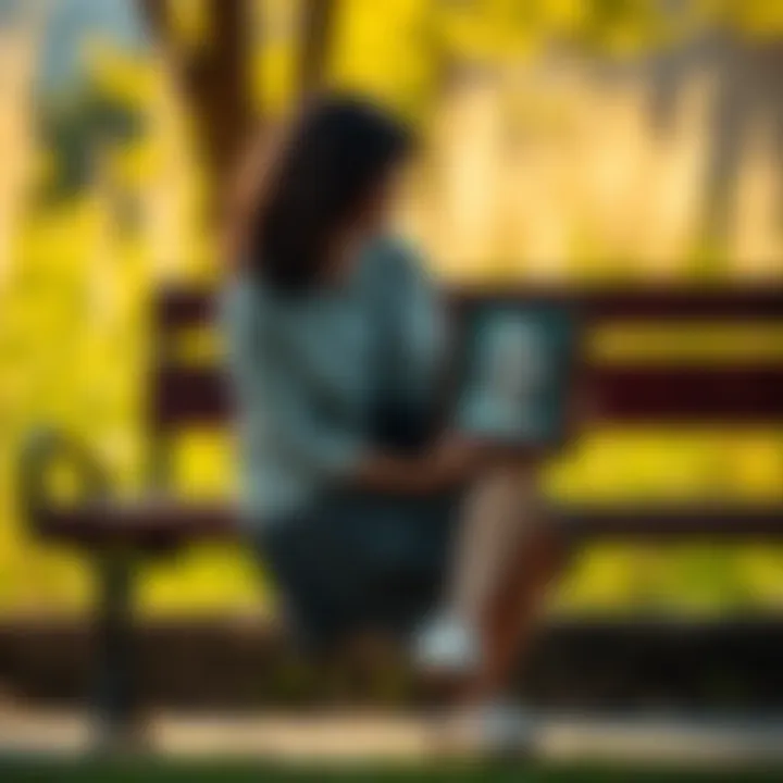 A woman sits alone on a bench, looking contemplative while holding a framed picture of her late mother, surrounded by soft sunlight and nature.