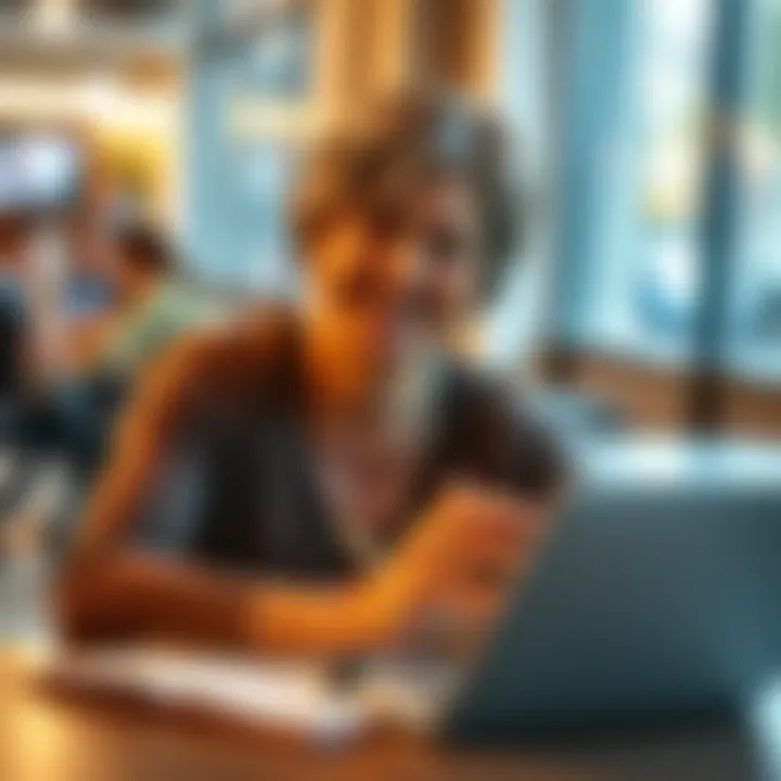 A 47-year-old woman sitting at a table with a notebook, smiling and engaging in conversation about health topics, inviting insights from others.