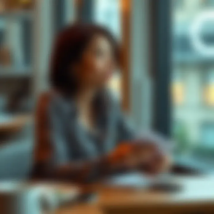A 28-year-old woman sits at a table with a notebook, looking thoughtfully as she engages in conversation, inviting people to share their experiences and insights.