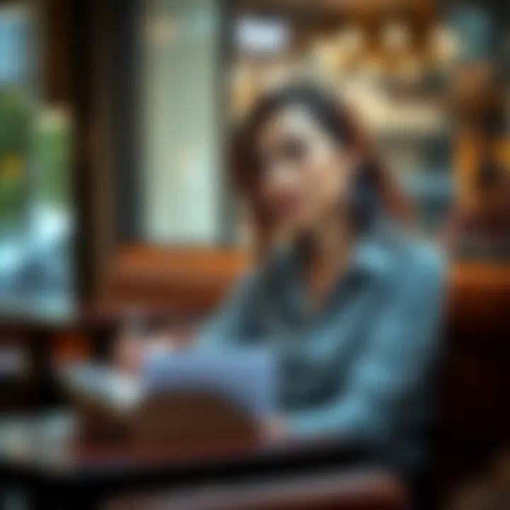 A 33-year-old woman sitting thoughtfully at a cafe, looking contemplative while holding a notebook and pen, ready to take notes on life advice.