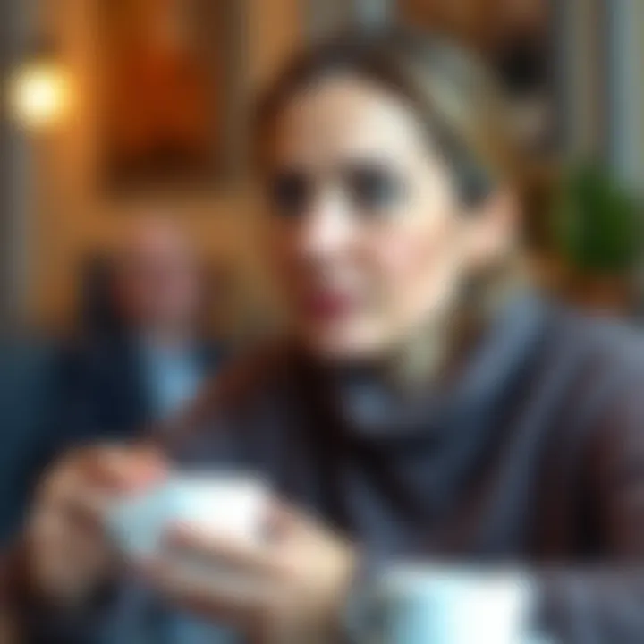 A 39-year-old woman looking thoughtful while holding a cup of coffee, contemplating her love life, with a background of warm, soft colors.