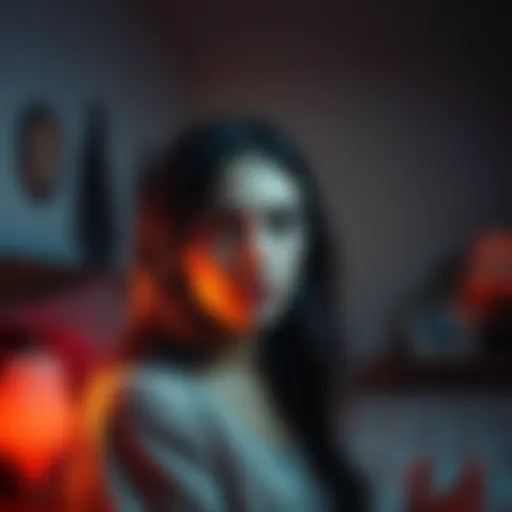 A young woman looks frightened in her bedroom as two shadowy figures hover mockingly in the background. The room is dimly lit, and a light switch is near her, indicating the moment before the light is...