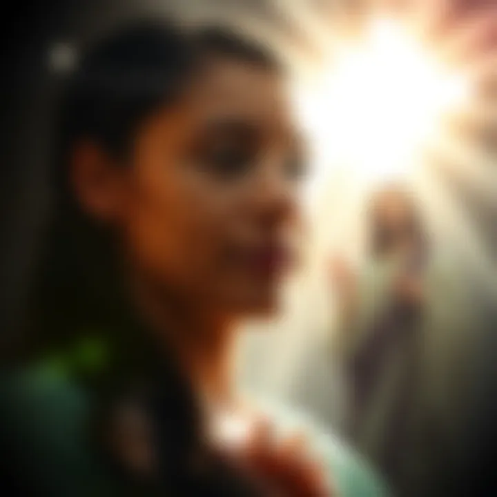 A woman with a peaceful look, surrounded by a bright light, resembling a near-death experience. A figure resembling Jesus stands nearby, conveying comfort and guidance.