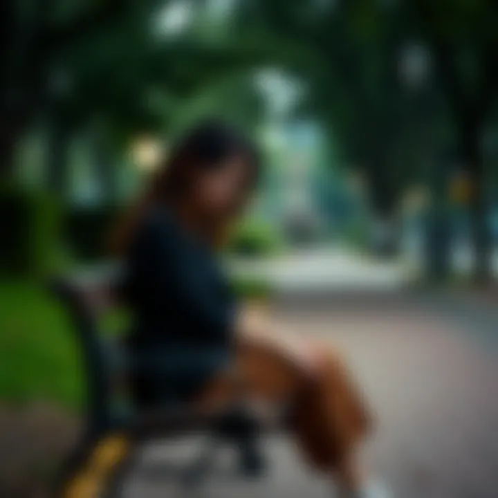 A woman sits on a bench looking down, reflecting on her feelings after a difficult breakup, surrounded by a calm park setting.