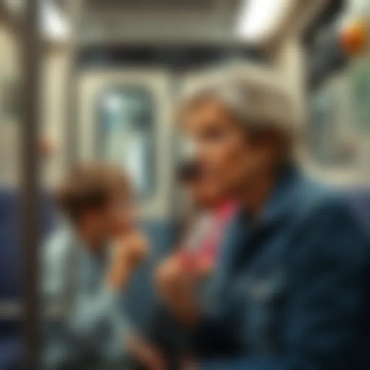 A woman in her late 50s is staring intently at a teenage boy sitting across from her on a train, with a look of focus while putting on lipstick, causing unease for him and his mother nearby.