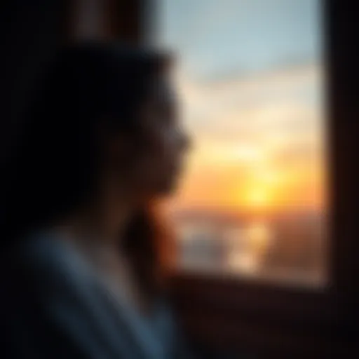 A young woman gazes thoughtfully out of a window during sunrise, reflecting on her morning struggles with anxiety and self-esteem.