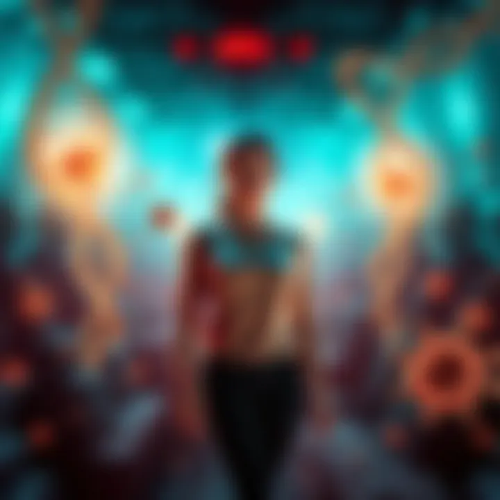 A woman stands in a distorted reality surrounded by alien DNA symbols and a virus representation