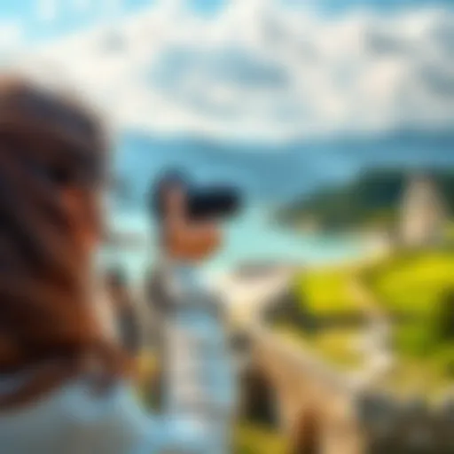 A woman holding a camera while taking scenic photos outdoors, with a surprising object in the background