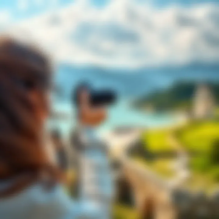A woman holding a camera while taking scenic photos outdoors, with a surprising object in the background
