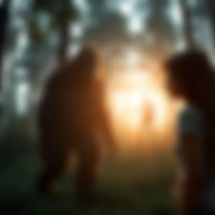 Woman talking to Bigfoot A woman gestures toward a shadowy figure resembling Bigfoot in a forest setting, suggesting communication with the creature.