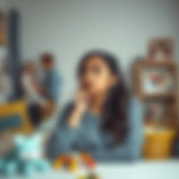 A 34-year-old left-handed woman looks thoughtful while considering her future family size, surrounded by baby toys and family photos.