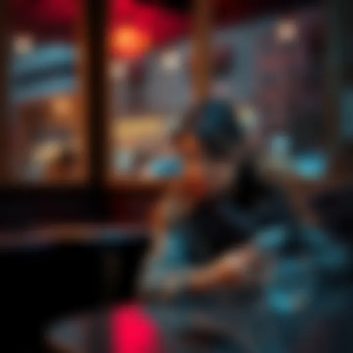 A 27-year-old woman sits at a cafe, contemplating her future in marriage while looking at her phone, with a thoughtful expression.