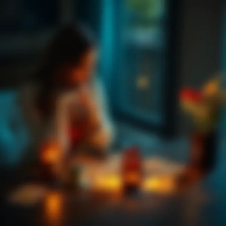 A woman sitting thoughtfully, looking at tarot cards spread on a table, reflecting on her relationship with a guy who engages with her frequently.