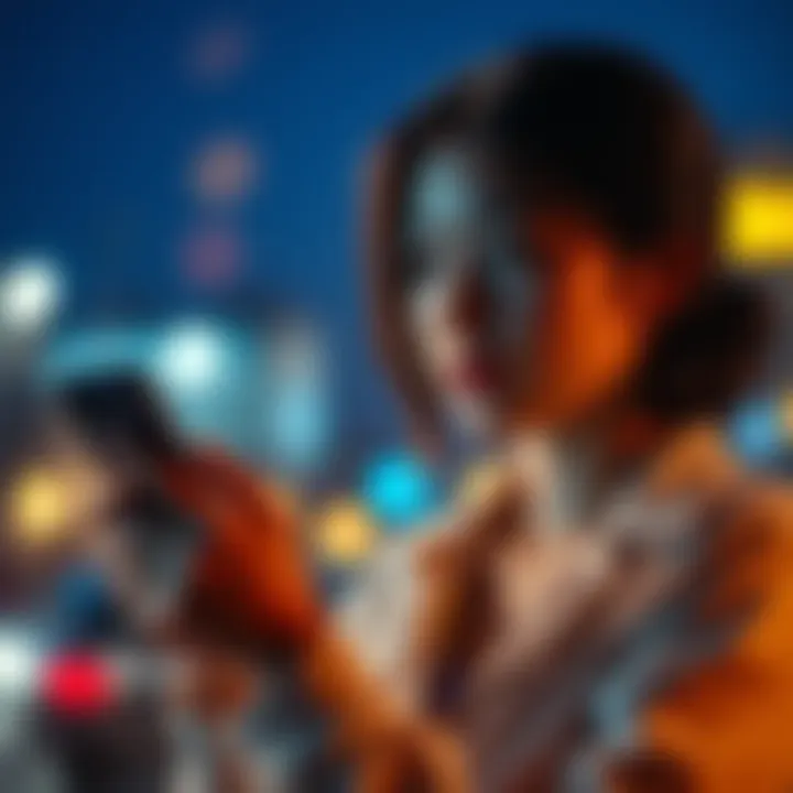 A woman looking thoughtful while holding a phone, pondering a past connection with a man from an arranged match, with social media icons in the background.