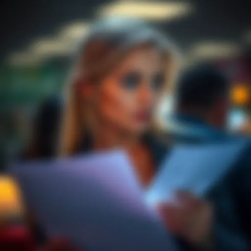 A woman looks thoughtful while holding a resume, considering her past relationship and current request for job help from her ex